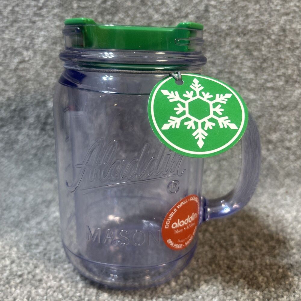 Aladdin Mason Jar 16oz Clear Green Lid Mug Tumbler Double Wall NEW